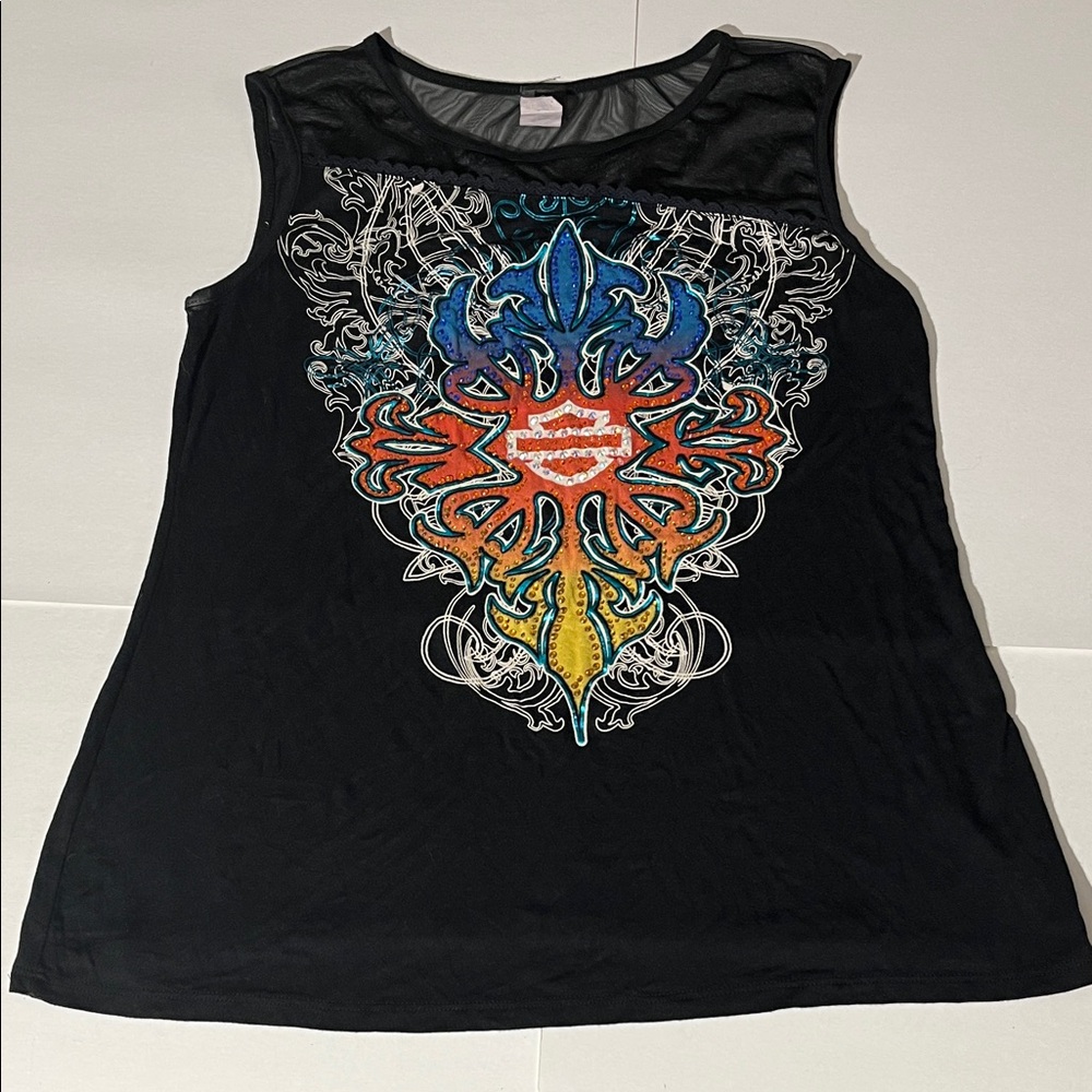 Harley Davidson Asymmetrical Black Mesh Rhinestone Tank Top Shirt XL Bikercore
